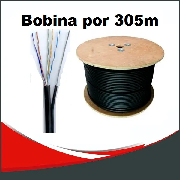 Bobina de Cable UTP Cat 5e 305mts 4P Net Quality VAINA SIMPLE CON PORTANTE DE ACERO para exterior